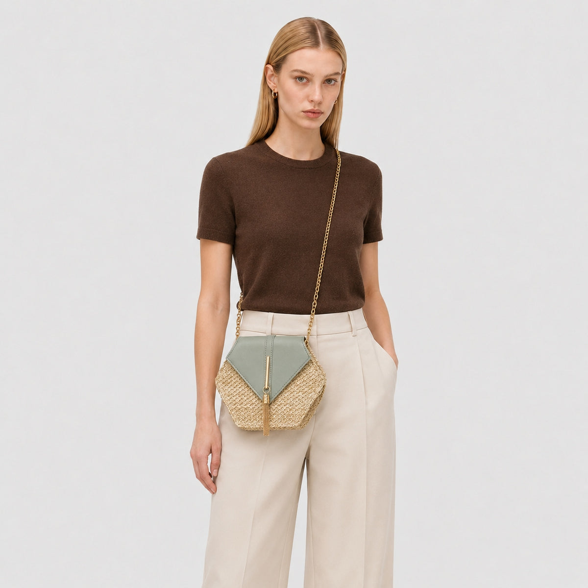 Sac à Bandoulière Hexagonale en Paille